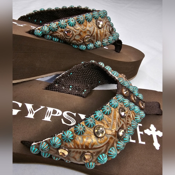 GYPSY SOULE Brown Flip-flops Turquois Copper Crystal Rhinestone Metallic size 8 - Picture 5 of 11